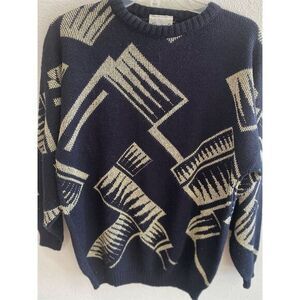 Vintage 80s Ellen-D Kollection Women's L Black Abstract Sweater black, gold top